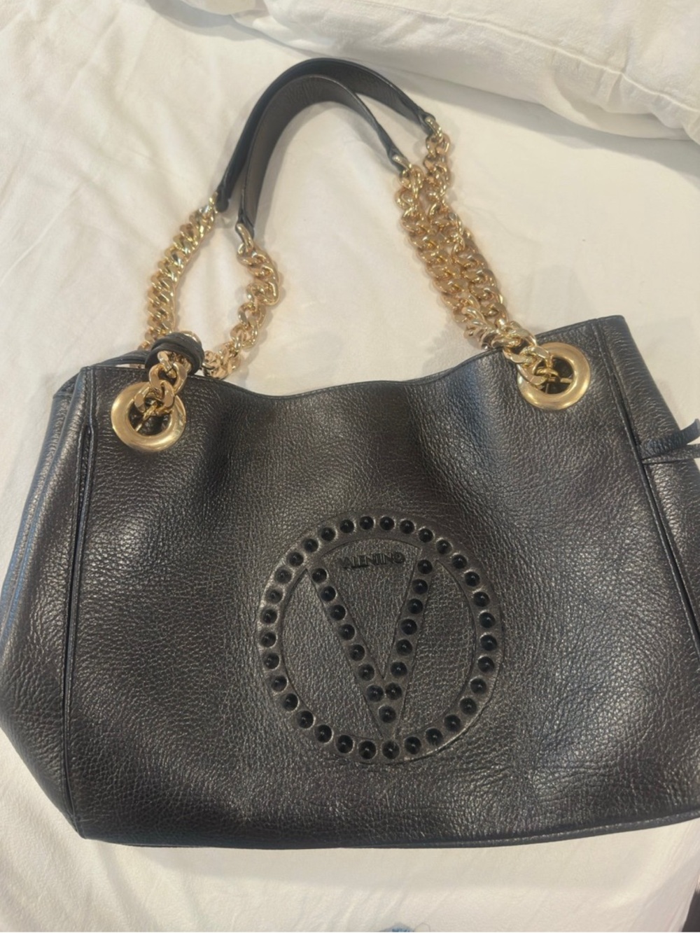 Valentino By Mario Valentino Black Leather Shoulder Bag with Gold Chain Handles